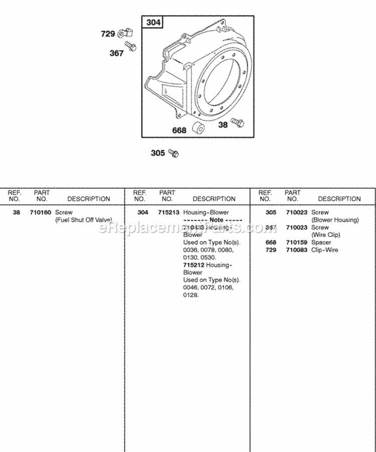 Blower Housing Diagram and Parts List for 115432-0029-01  Briggs and Stratton Engine